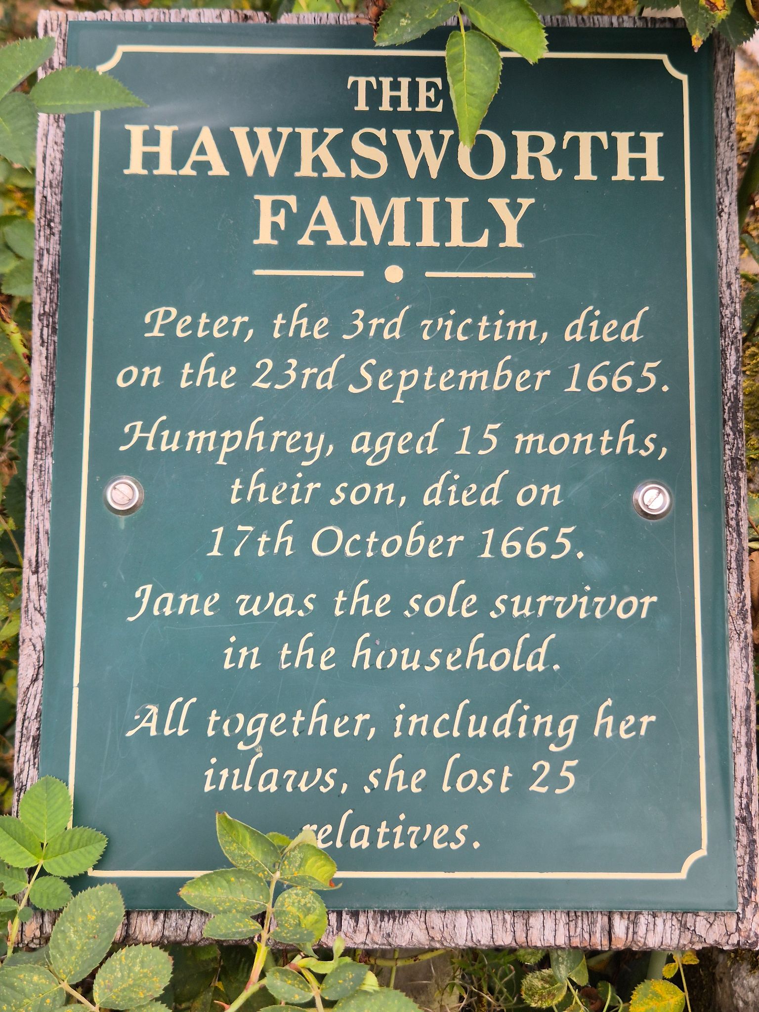 Eyam ist als „Pest-Dorf“ bekannt. 1665 begaben sich die Bewohner unter Pfarrer Mompesson freiwillig in Quarantäne, um die Pest-Ausbreitung zu verhindern. Viele (250-260 von 350-800) starben, jedoch blieb die Region von der Pest verschont.